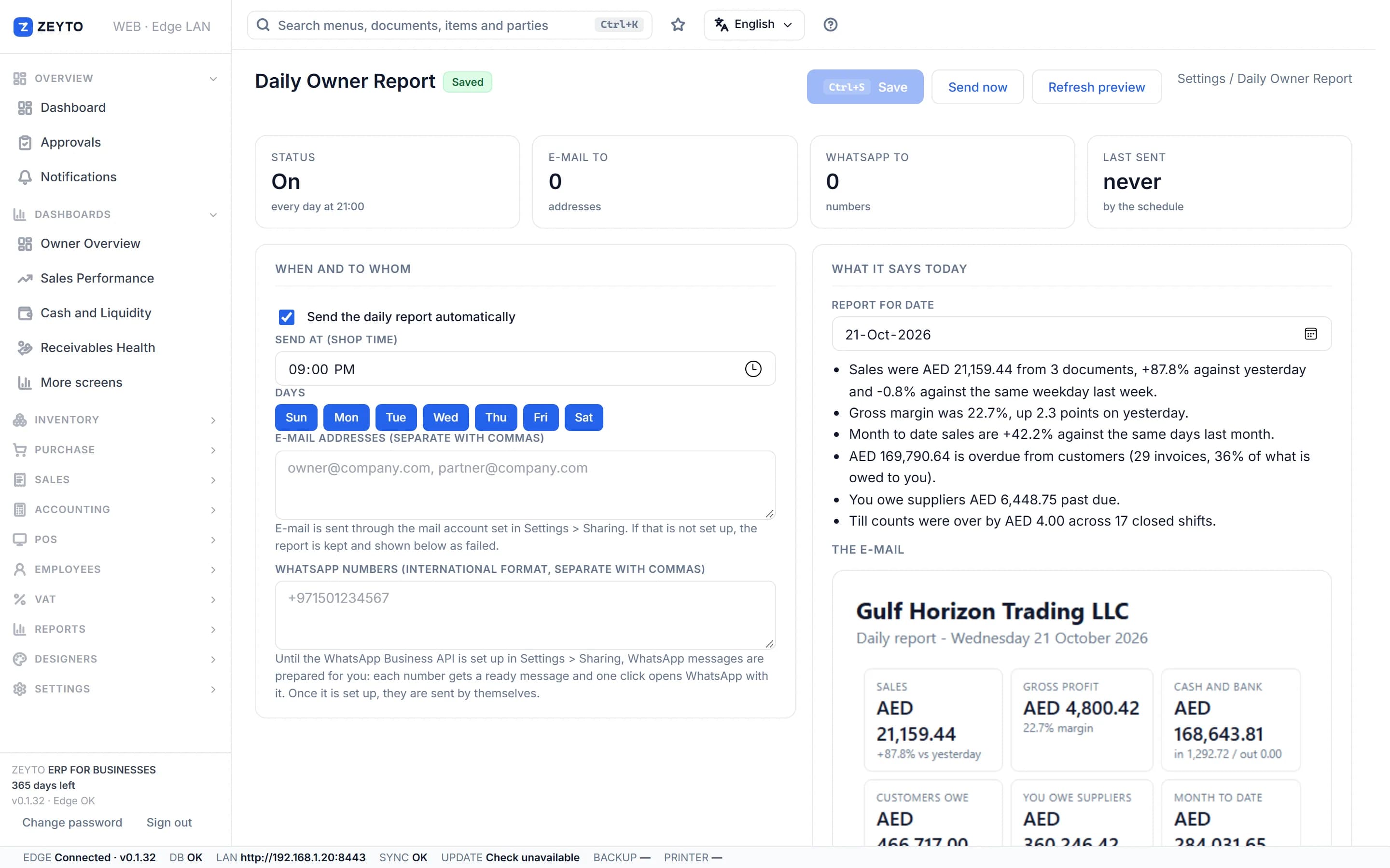 Daily owner report - A daily summary of sales, cash and risks sent to the owner every evening.