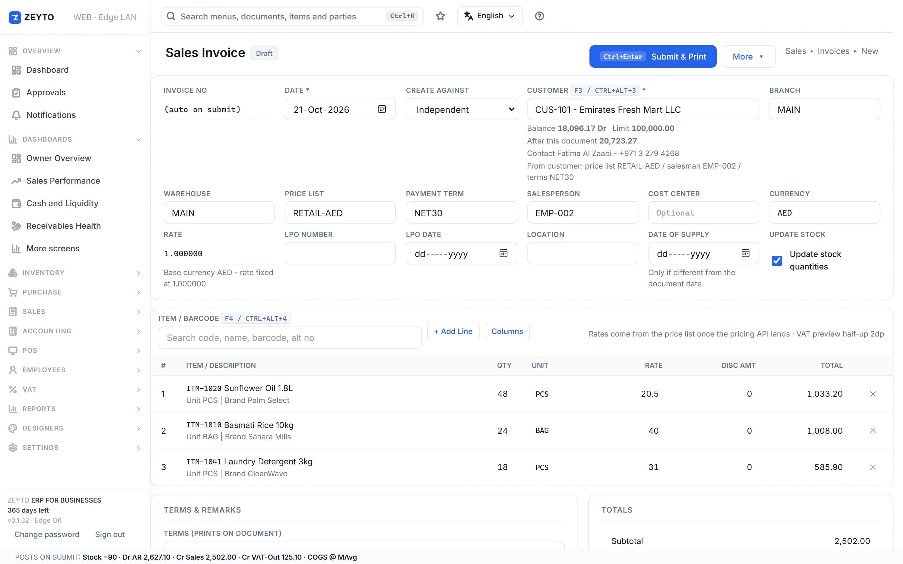 New sales invoice - Raise a VAT-compliant tax invoice in seconds with live totals and stock checks.