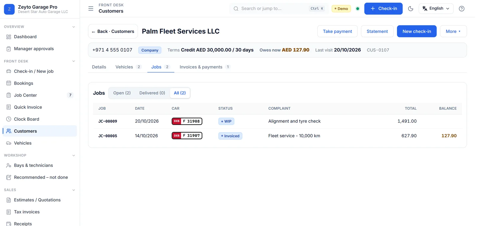 A fleet customer page with its jobs, the cars, what it owes now and its credit terms.