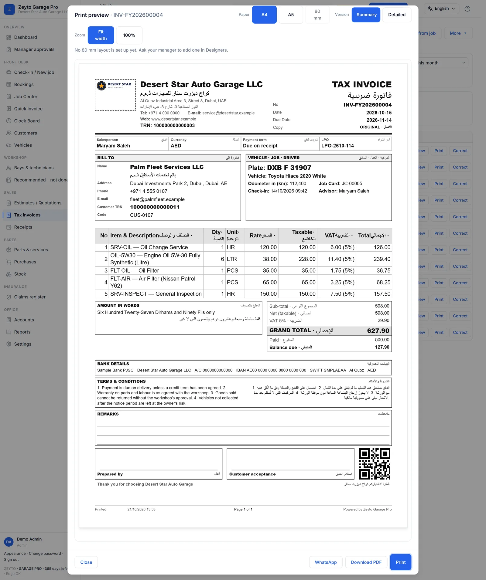 A printed A4 tax invoice with VAT, the advance paid, the balance due, bank details and terms.