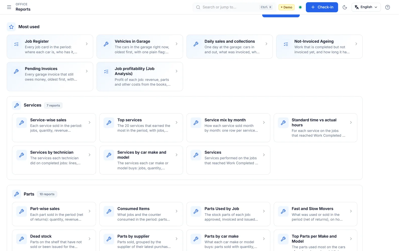 The reports hub, with the most used reports and the reports grouped by service, parts and more.